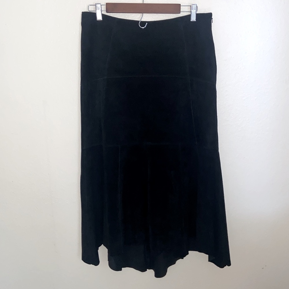 CAbi Suede Asymmetrical Black Mid Calf Length Skirt, Western, Cowboy Size 8